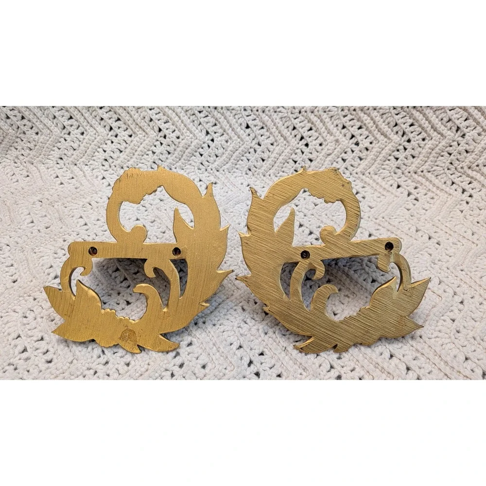 Vintage Gold Botanical Wall Corbel Shelves Pair Hollywood Regency Floral Leaf 7